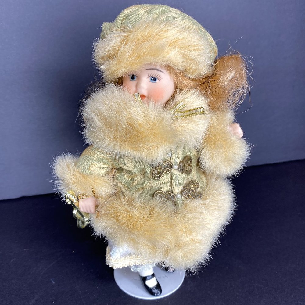 Lovely Porcelain Face Doll with Stand Beige Faux Fur